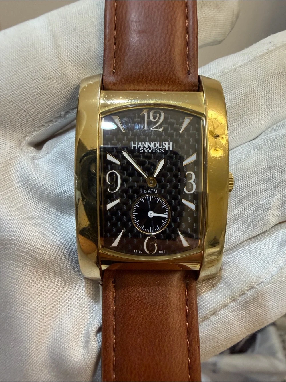 Hannoush Swiss Men's Tank Watch Carbon Fiber Dial Gold Tone Quartz 1069 5ATM
